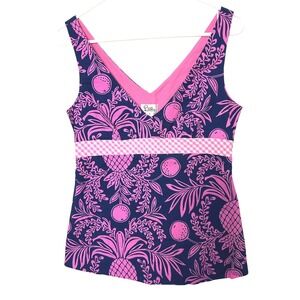 Lilly Pulitzer Tank Top Women's 4 Navy Pink Pineapple Floral Y2k vacation cruise